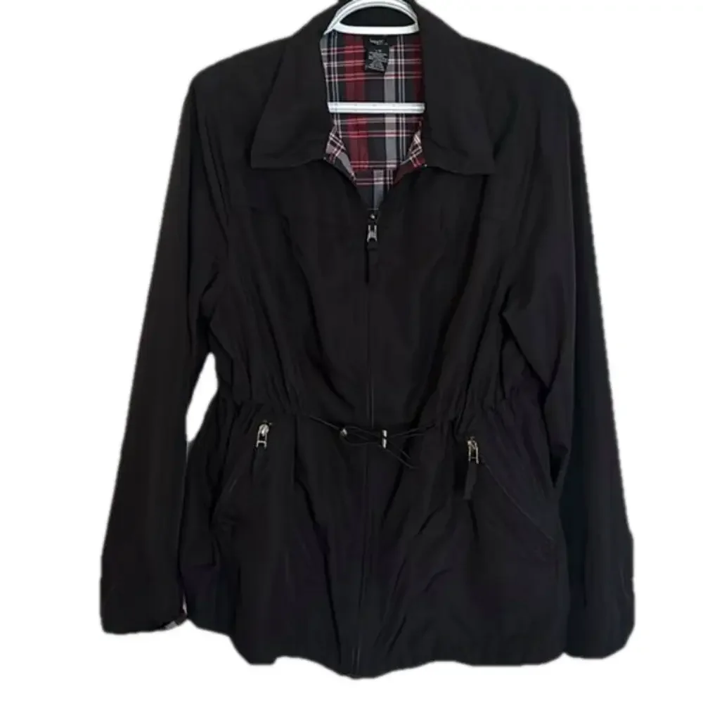 Haggar Petite Reversible Jacket Black / Tartan Women's Sz L Drawstring Waist - Picture 1 of 7